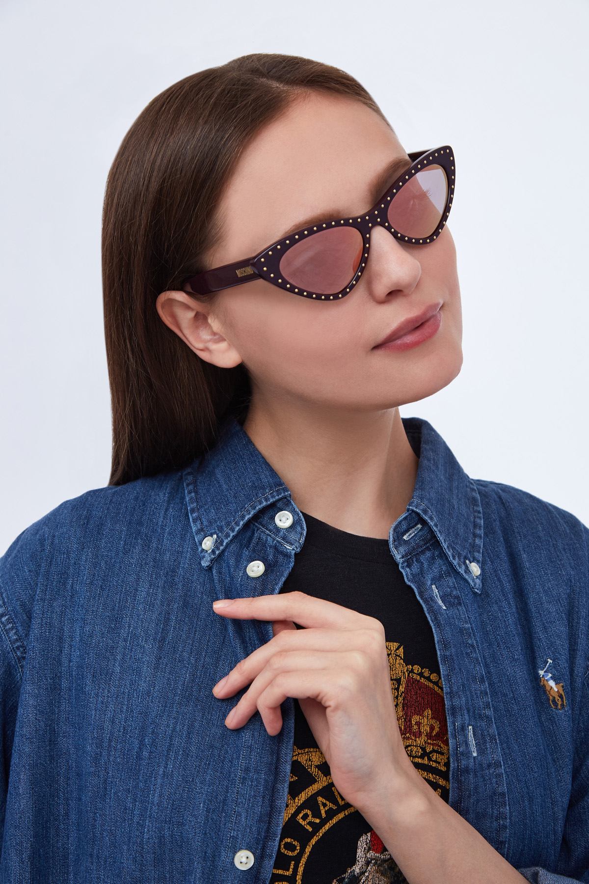 Очки в изящной оправе Cat Eye из глянцевого пластика вишневого цвета MOSCHINO (sunglasses), размер 46 - фото 2